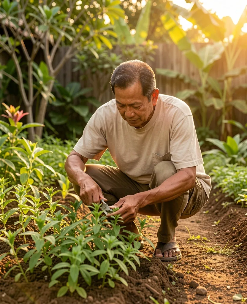 Pria dewasa merawat kebun sayur di halaman belakang
