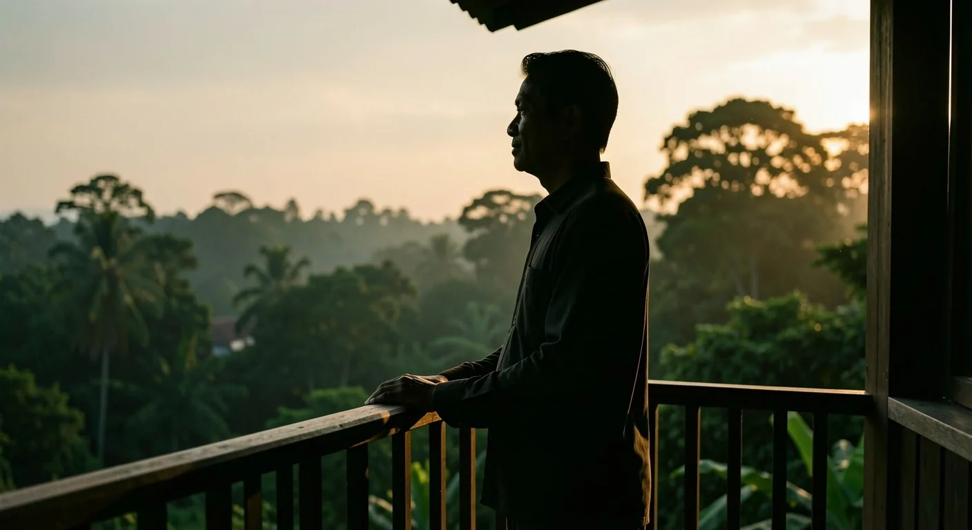 Pria dewasa menikmati pagi hari dengan postur tenang