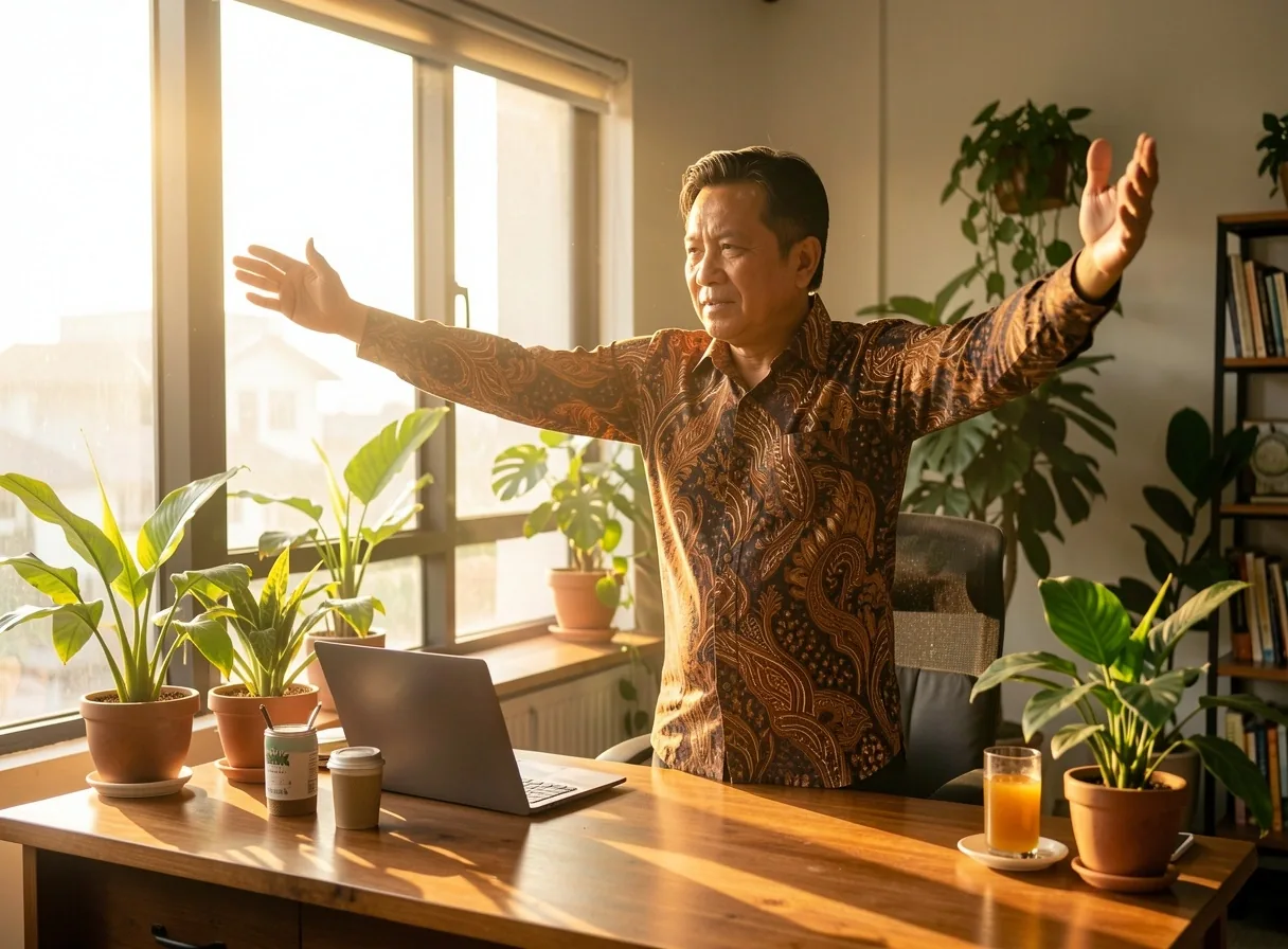 Pria dewasa berdiri dari meja kerja untuk melakukan peregangan