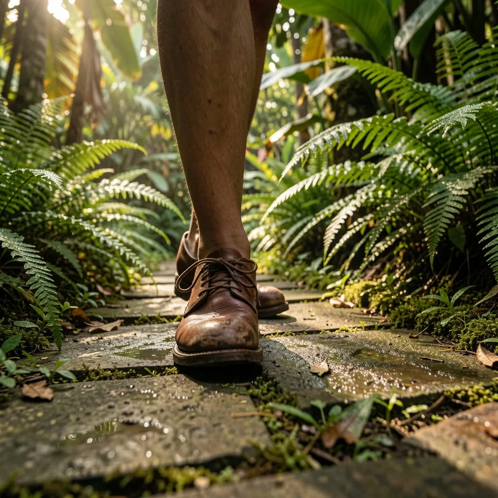 Sepatu kulit di jalanan batu taman tropis