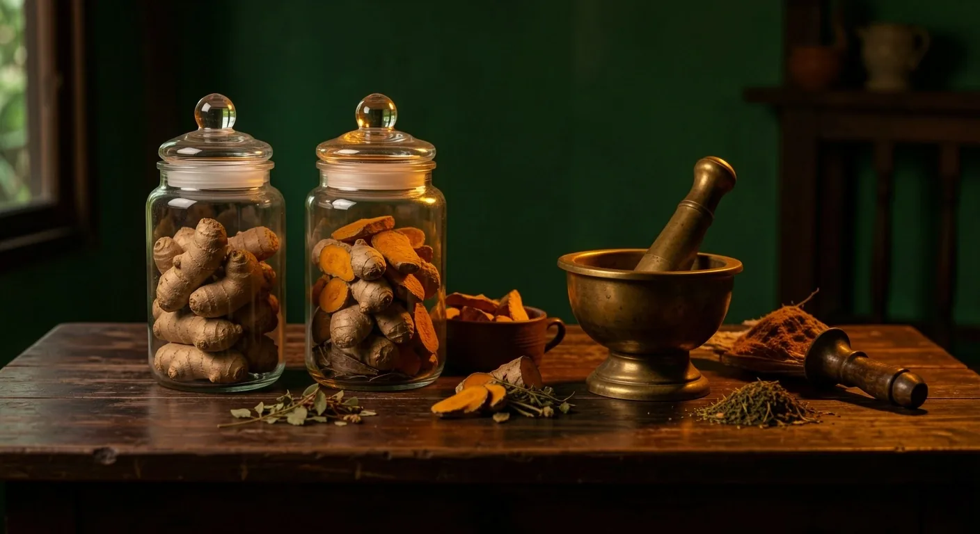 Meja kerja herbal tradisional dengan stoples kaca berisi jahe dan kunyit kering di atas kayu gelap