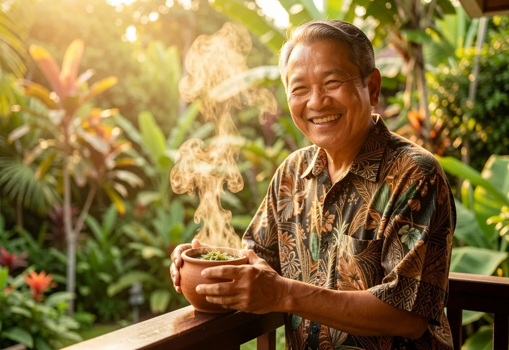 Pria dewasa menyiapkan jamu tradisional dengan kunyit dan jahe segar