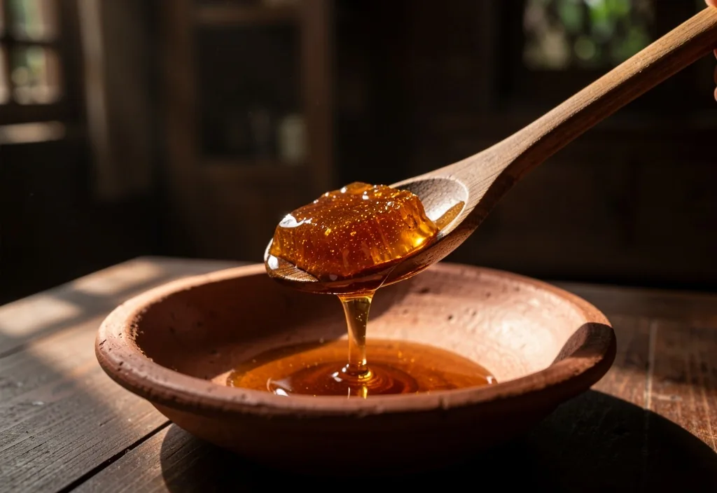 Madu hutan menetes dari sendok kayu ke toples kaca gelap