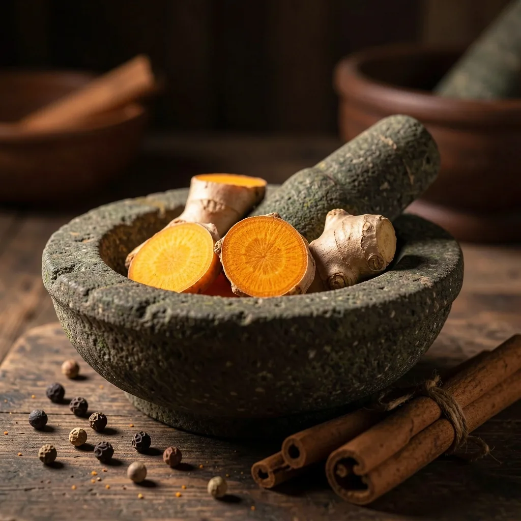 Bahan jamu tradisional di atas lesung batu