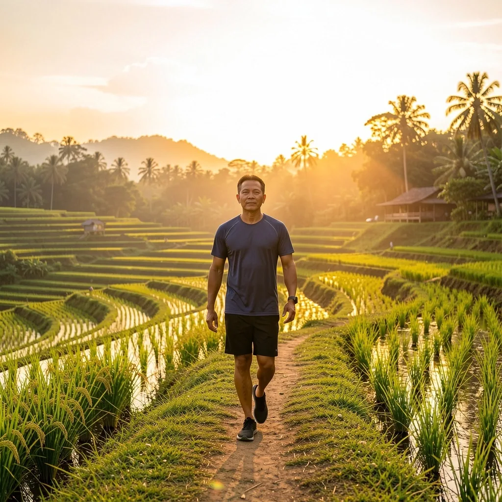 Pria usia matang berjalan dengan postur tegak di sawah