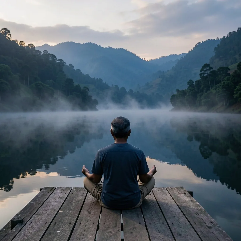 Pria bermeditasi di tepi danau pada dini hari