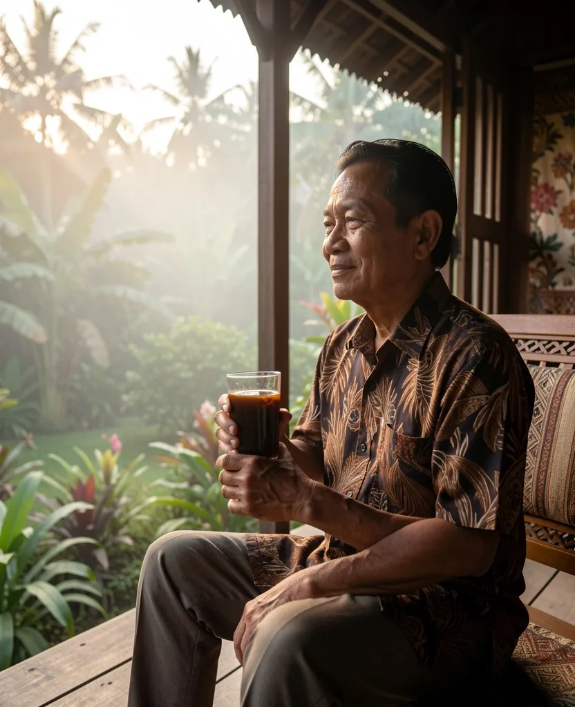 Pria dewasa menikmati teh herbal di pagi hari
