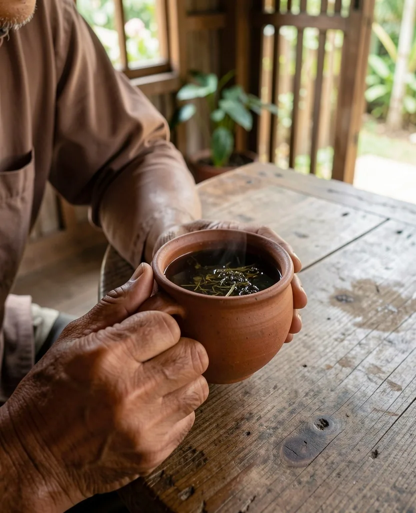 Pria dewasa menikmati teh herbal di dapur tradisional