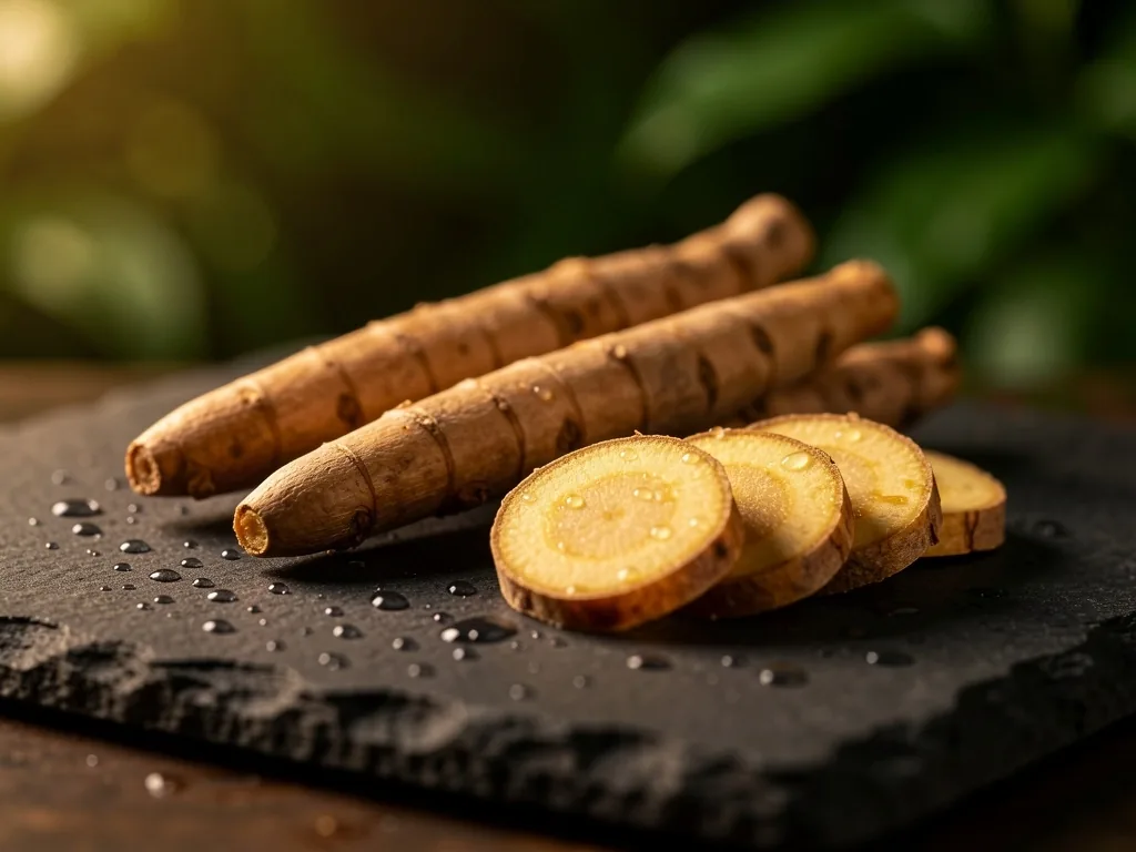 Bahan herbal purwoceng dan temulawak di atas piring batu gelap