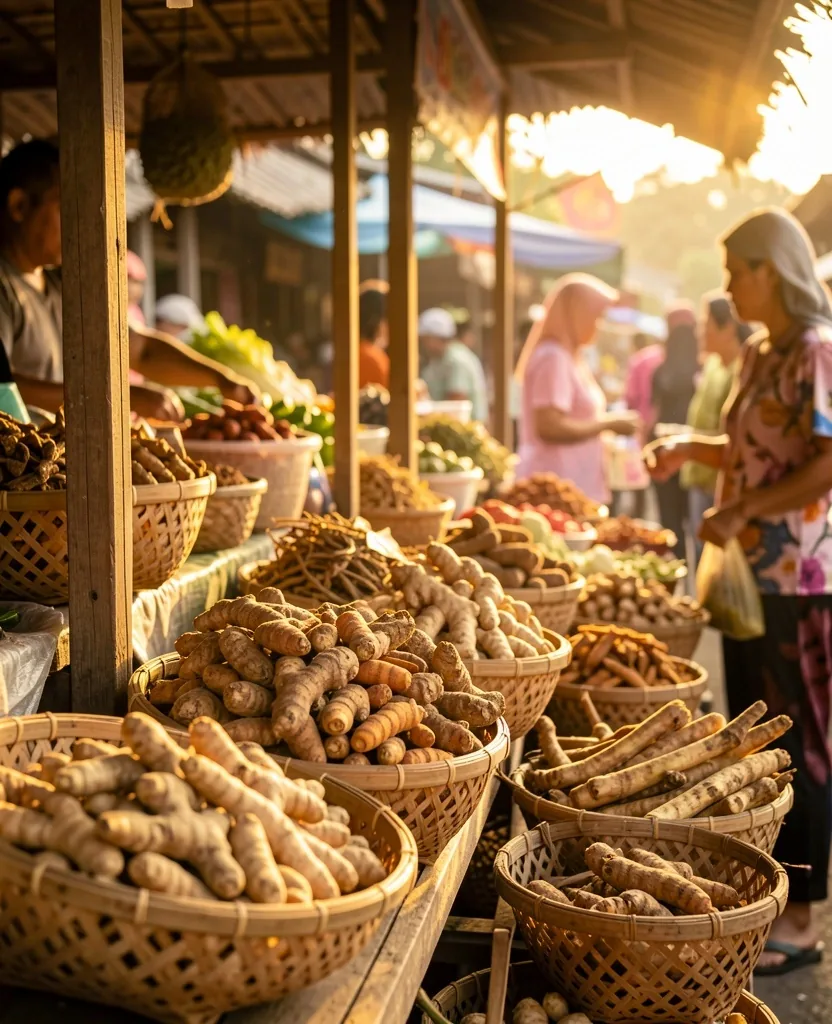 Pasar tradisional herbal Indonesia dengan keranjang anyaman berisi rempah kering